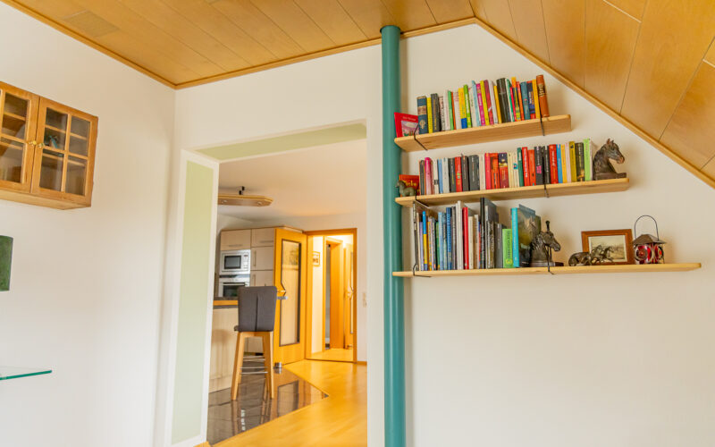 Wohnbereich mit Couch, Fernseher und Bücherregal Wohnbereich mit Couch, Fernseher und Bücherregal